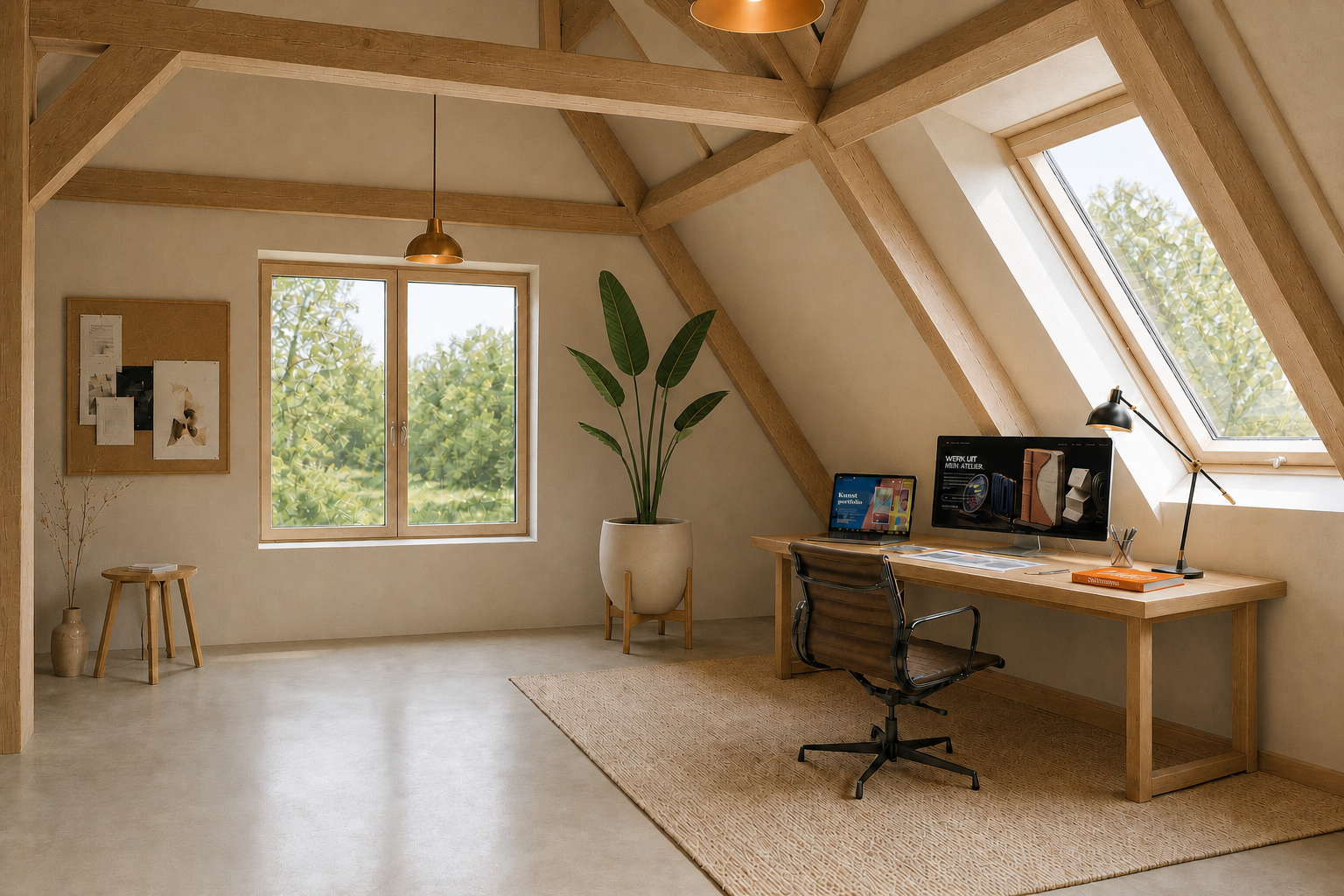 Hoog digitaal zolderatelier van Atelier Bastique met boszicht, een grote groene plant, een tekentafel op een lichte gietvloer, de Atelier Bastique-landingspagina op het grote scherm en het Bastronomie-kookboek op het bureau