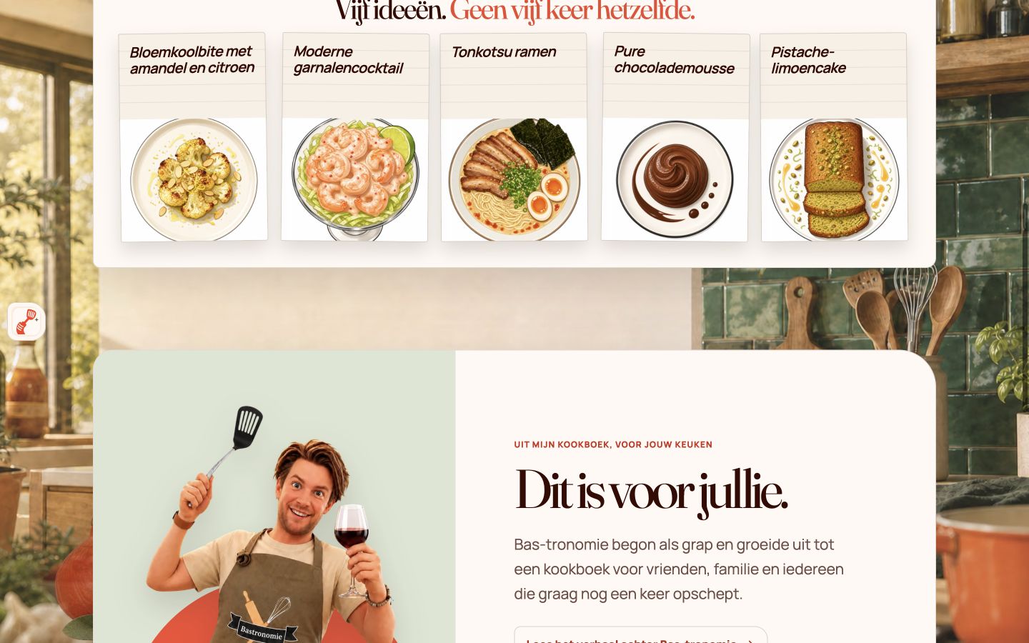 Bastronomie met vijf geïllustreerde receptkaarten en daaronder het makersverhaal van Bas