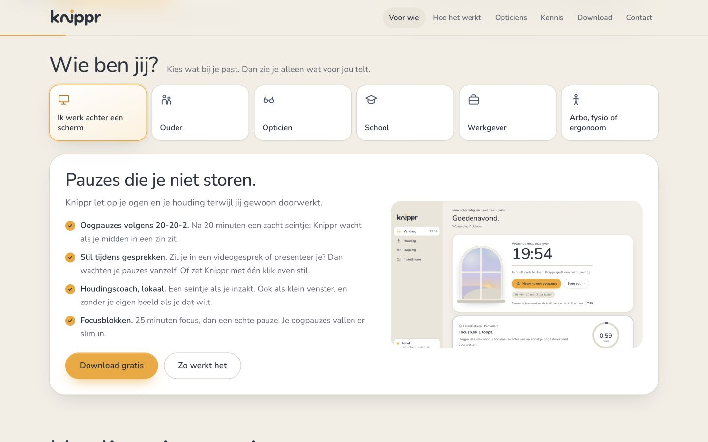 Knippr met uitleg over oogpauzes, focusblokken en de lokale houdingscoach