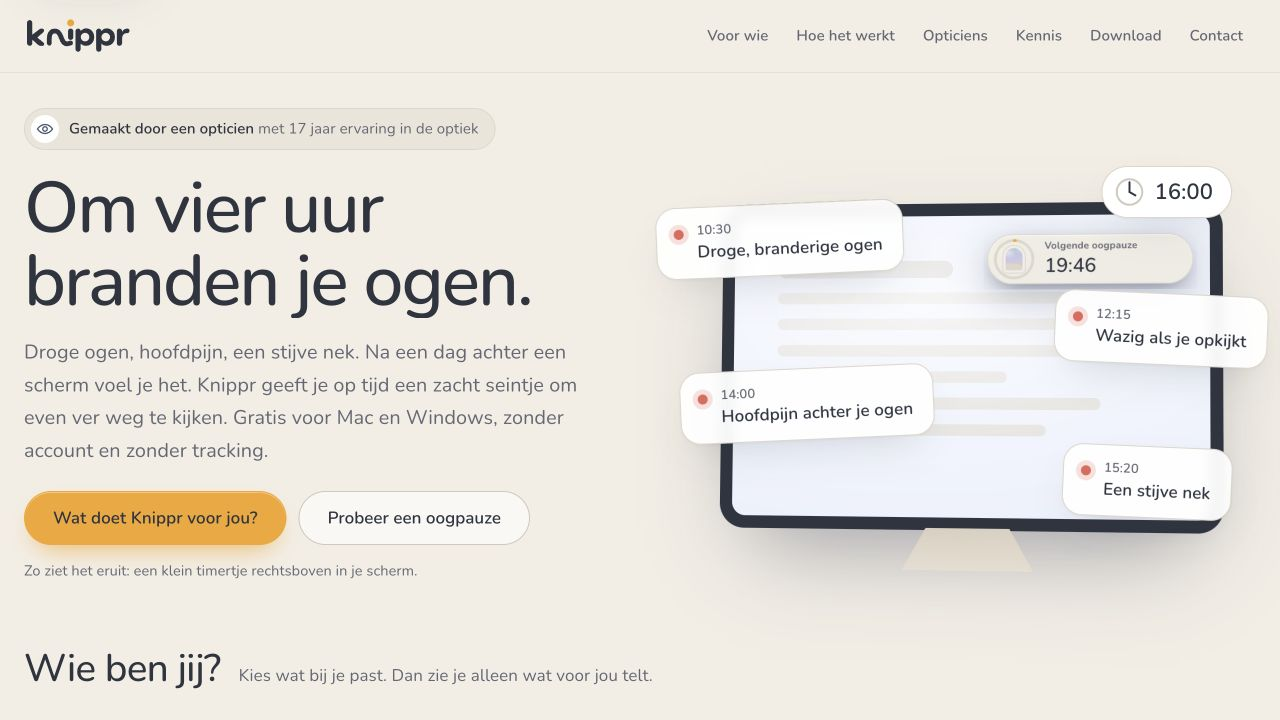 Startpagina van Knippr met de oogpauze-app voor Mac en Windows