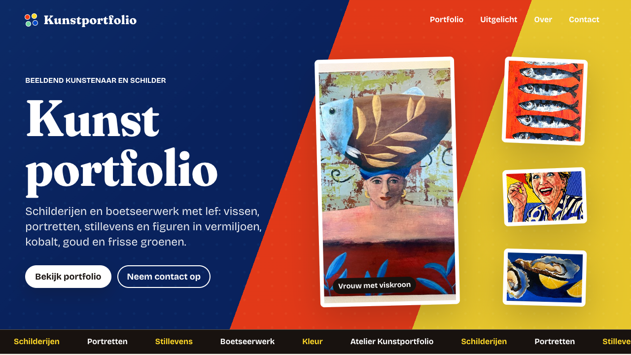 Geanonimiseerde startpagina van een kunstportfolio met kleurrijke schilderijen