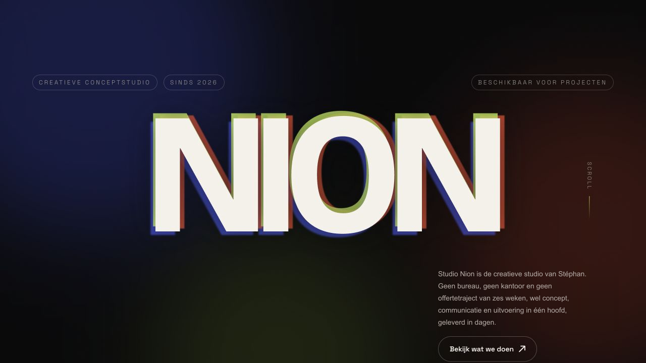 Startpagina van Studio Nion met de driedimensionale Nion-woordmarkering