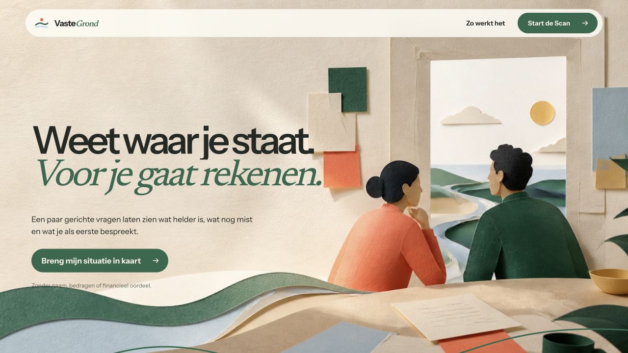 Startpagina van VasteGrond met een papieren landschap en de titel Weet waar je staat