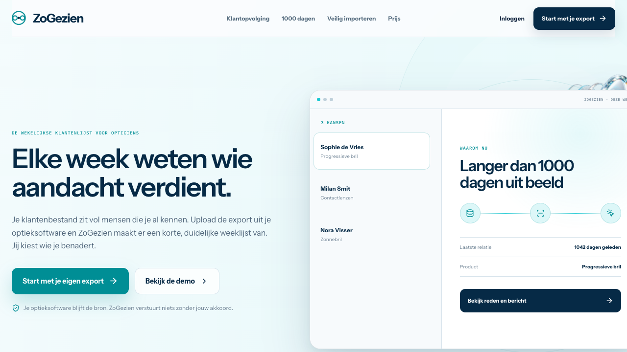 Startpagina van ZoGezien met de klantcheck voor zelfstandige opticiens